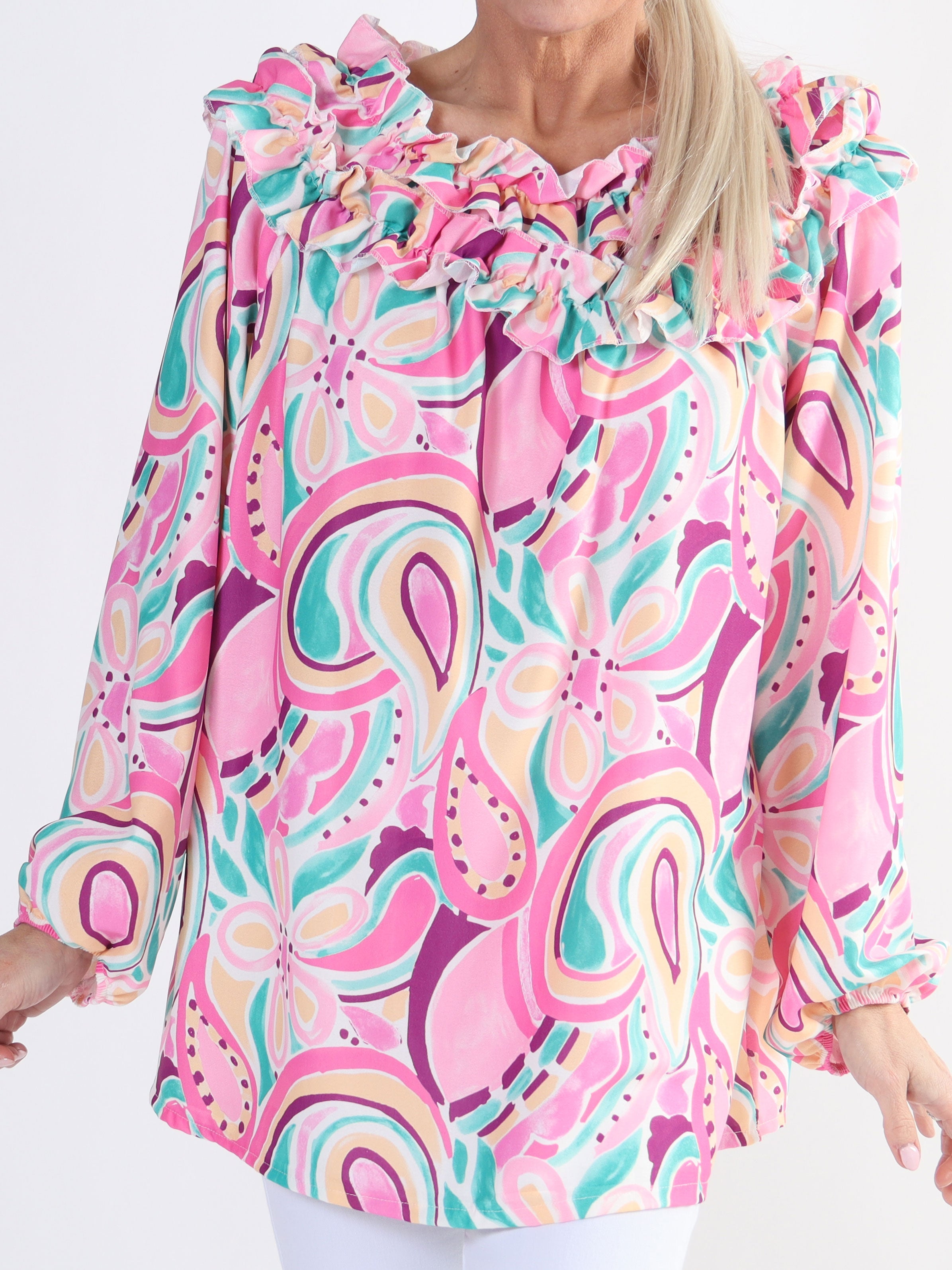 Chili Pattern - Långärmad mönstrad tunika med volanger för stora storlekar